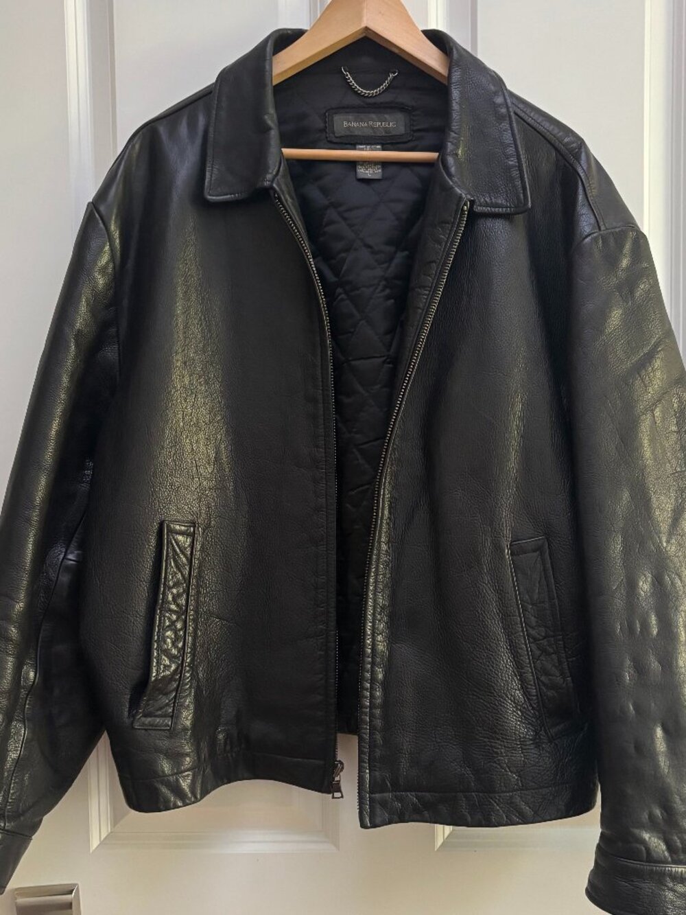 Mens Black Blouson Leather Jacket Travel Adventure Size L | Banana Republic